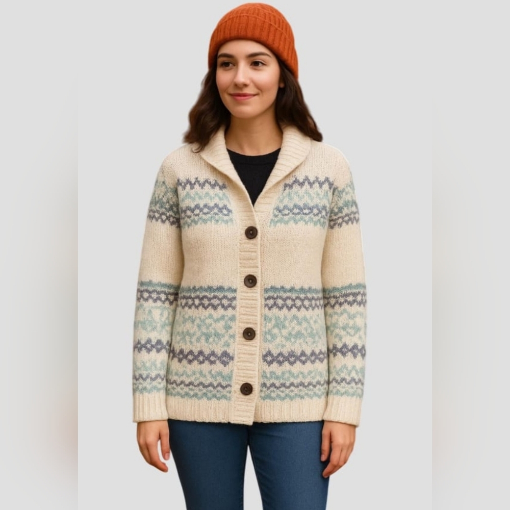 Denver Hayes Wood Button Front Knit Sweater Cardigan Hoodie Cream Blue Medium